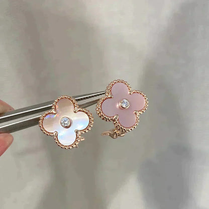 ミスティック クローバー ミディアム 1 モチーフ ピンク マザーオブパール ダイヤモンド イヤリング