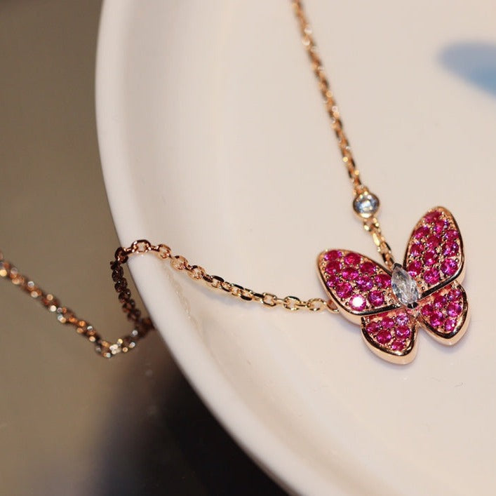 Mysitc BUTTERFLY RED DIAMOND ROSE GOLD NECKLACE