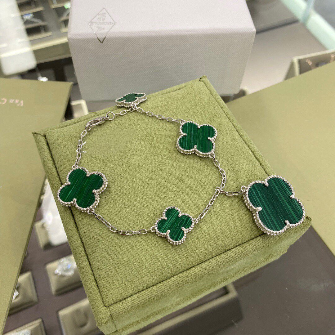 Mysitc CLOVER 5 MOTIFS SIVLER MALACHITE BRACELET