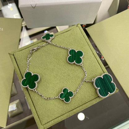 Mysitc CLOVER 5 MOTIFS SIVLER MALACHITE BRACELET