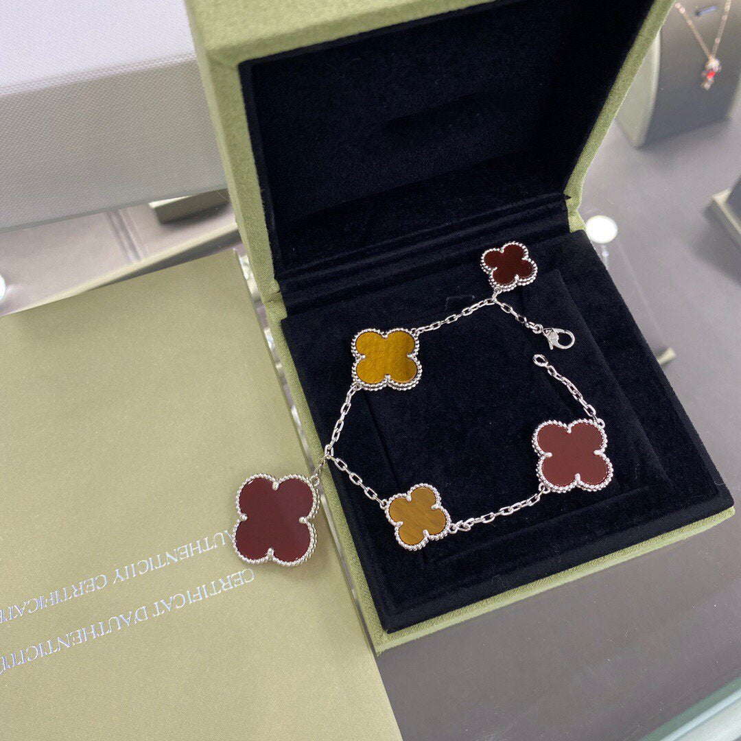 Mysitc CLOVER 5 MOTIFS SIVLER CARNELIAN TIGER EYE BRACELET