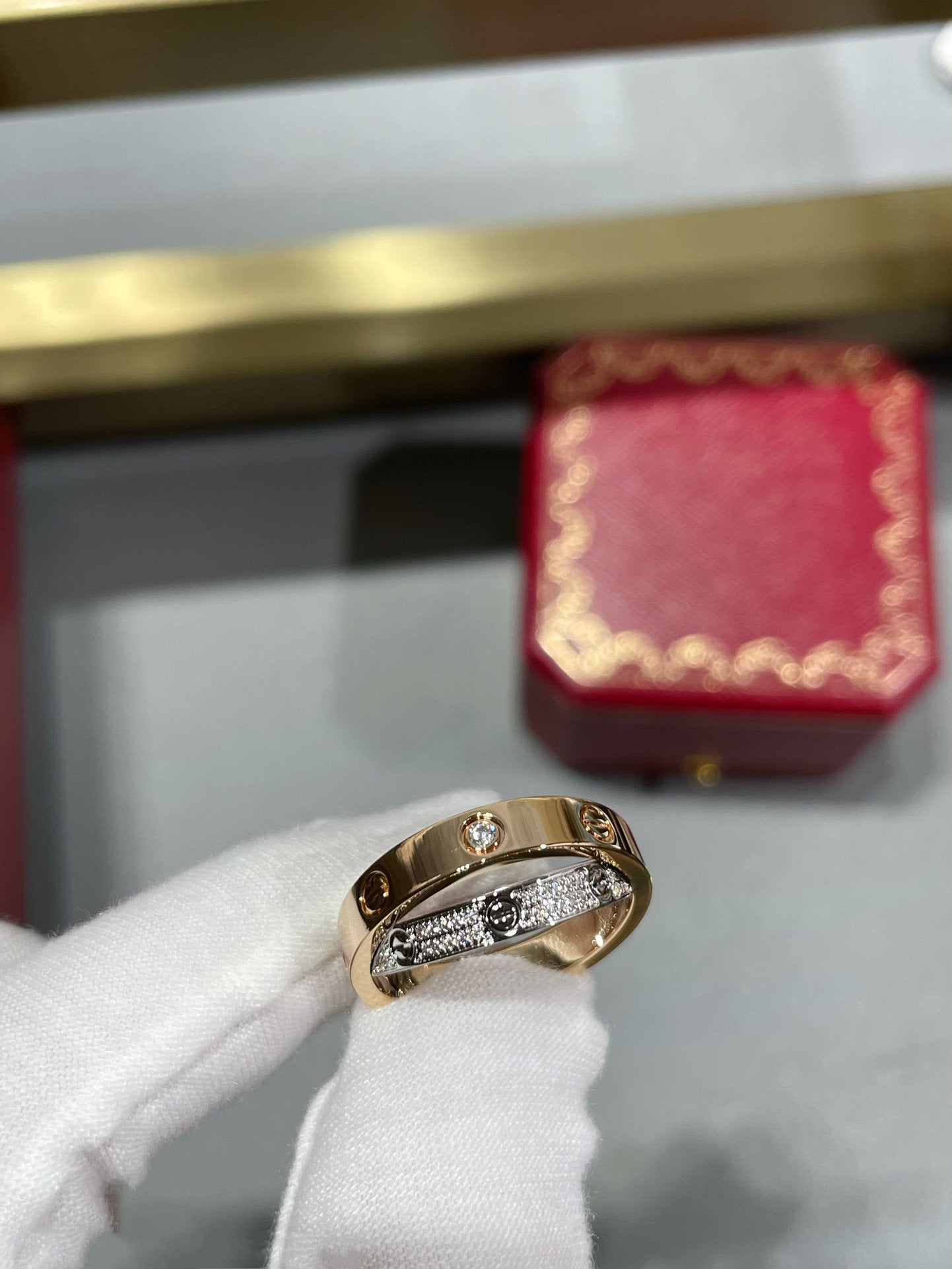 Mysitc LOVE PINK GOLD SILVER DIAMOND DOUBLE RING