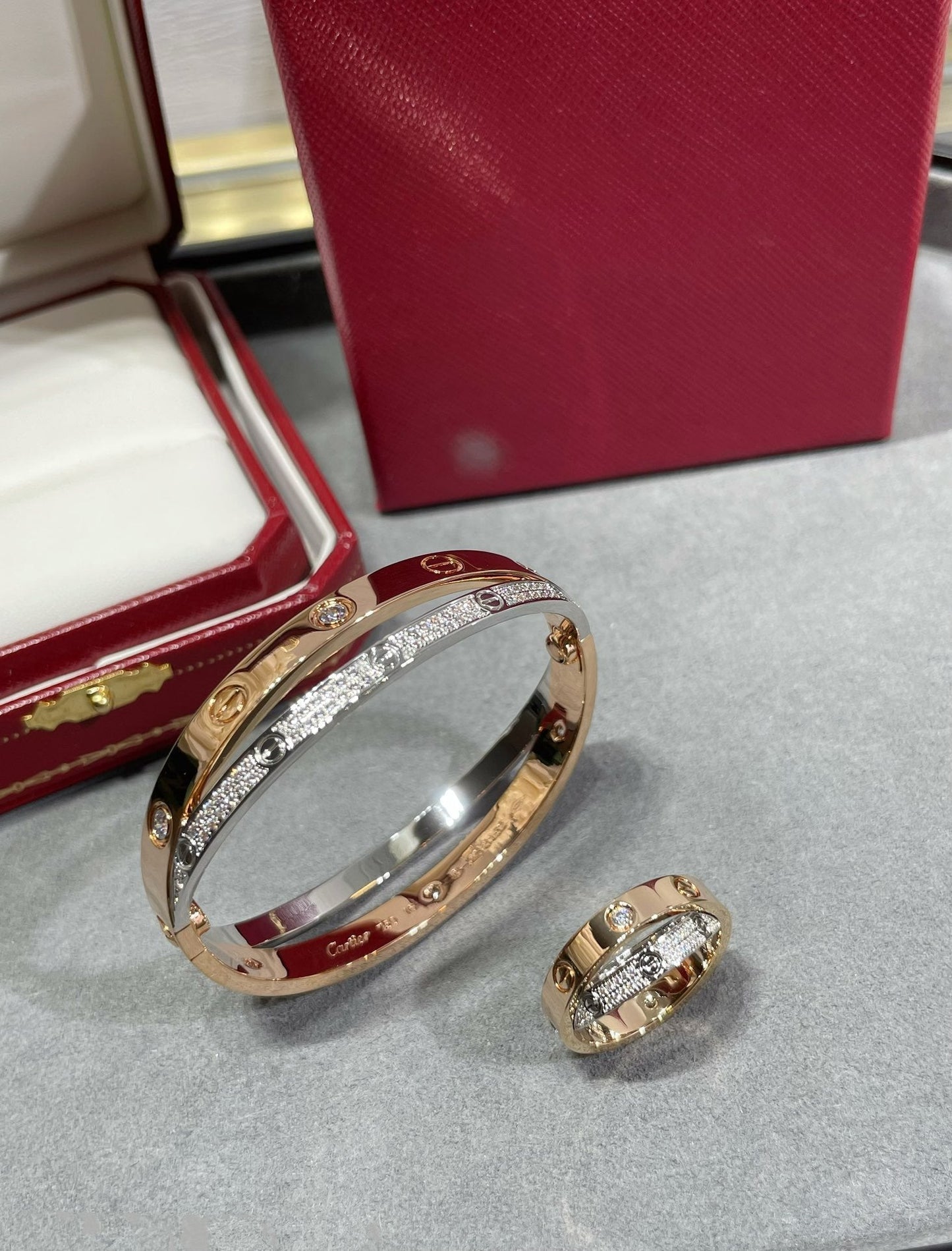 Mysitc LOVE PINK GOLD SILVER DIAMOND DOUBLE RING