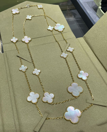 Mysitc CLOVER 16 MOTIF WHITE MOP GOLD NECKLACE
