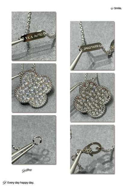 Mysitc CLOVER 25MM LARGE PENDANT DIAMOND PAVED SILVER NECKLACE