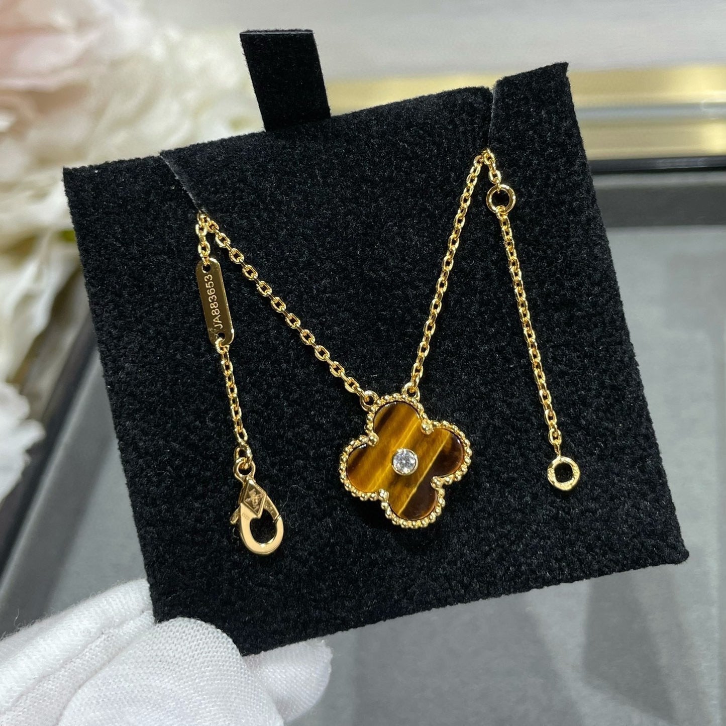 Mysitc CLOVER 15MM DIAMOND AND YELLOW TIGER'S EYE AGATE necklace