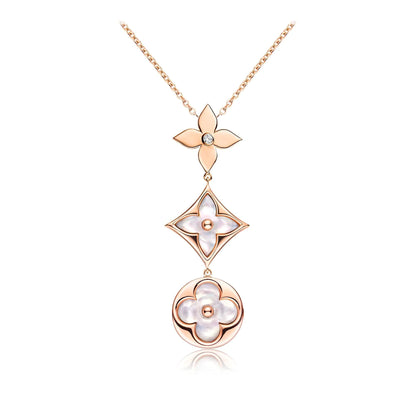 Mysitc COLOR BLOSSOM LARIAT NECKLACE PINK GOLD WHITE MOTHER PEARL AND DIAMOND