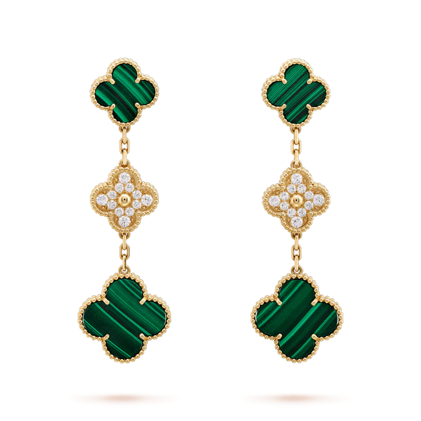 Mysitc CLOVER EARRINGS GOLD MALACHITE DIAMOND 3 MOTIF