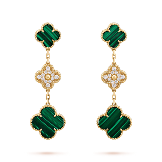 Mysitc CLOVER EARRINGS GOLD MALACHITE DIAMOND 3 MOTIF