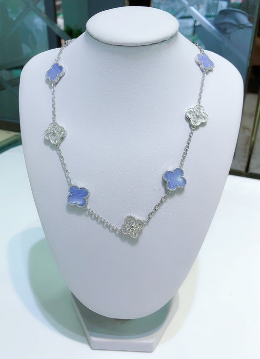 Mysitc CLOVER 10 MOTIFS CHALCEDONY DIAMONDS SILVER NECKLACE