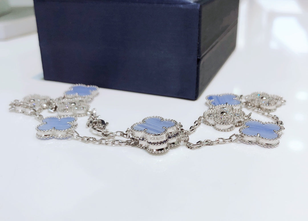 Mysitc CLOVER 10 MOTIFS CHALCEDONY DIAMONDS SILVER NECKLACE