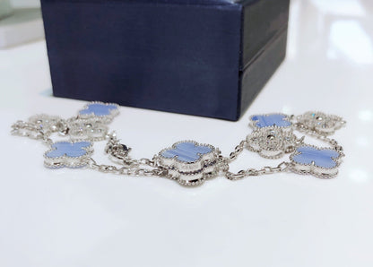 Mysitc CLOVER 10 MOTIFS CHALCEDONY DIAMONDS SILVER NECKLACE